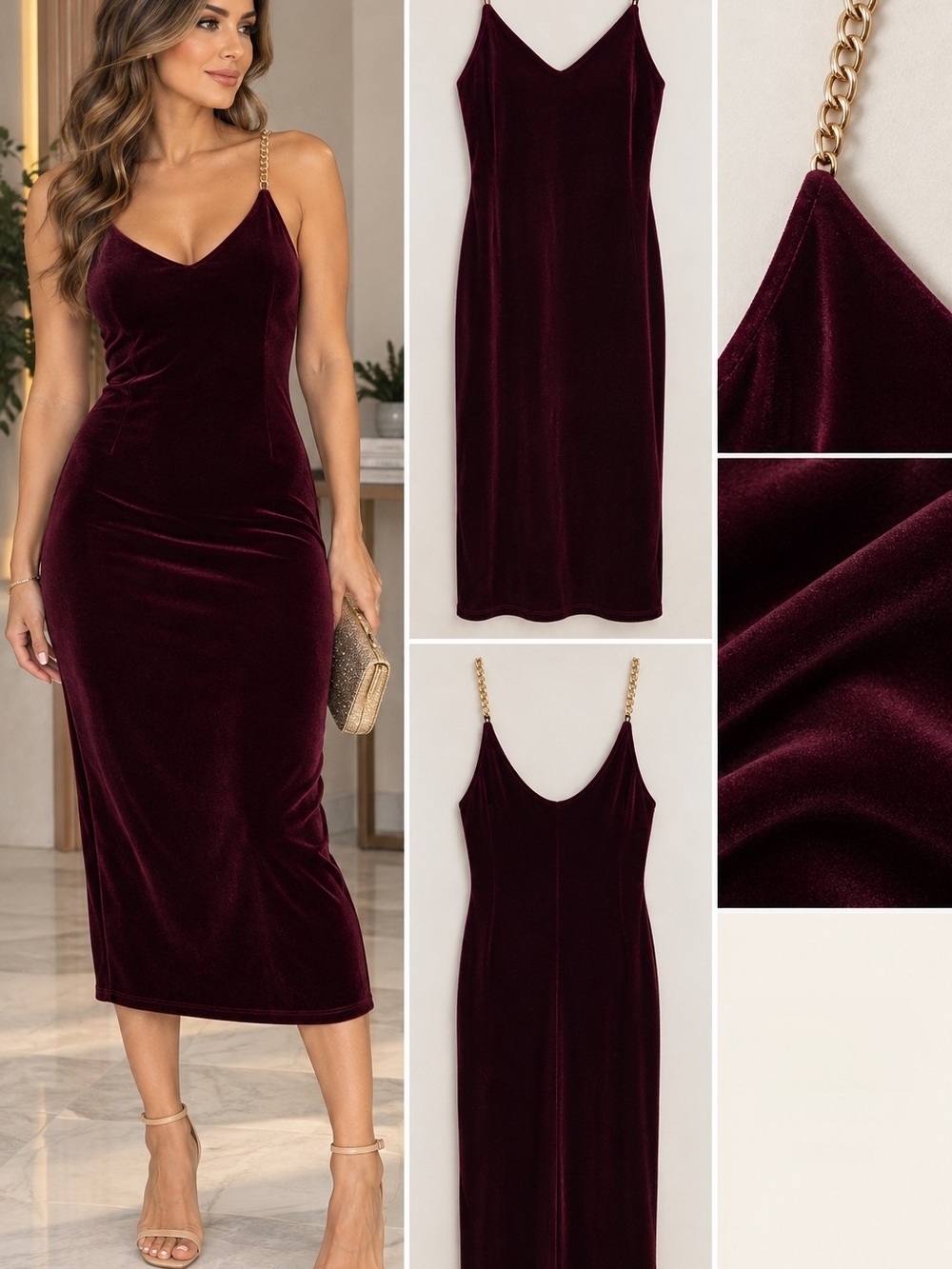 love J Velvet Midi Dress with Gold Chain Straps - Burgundy